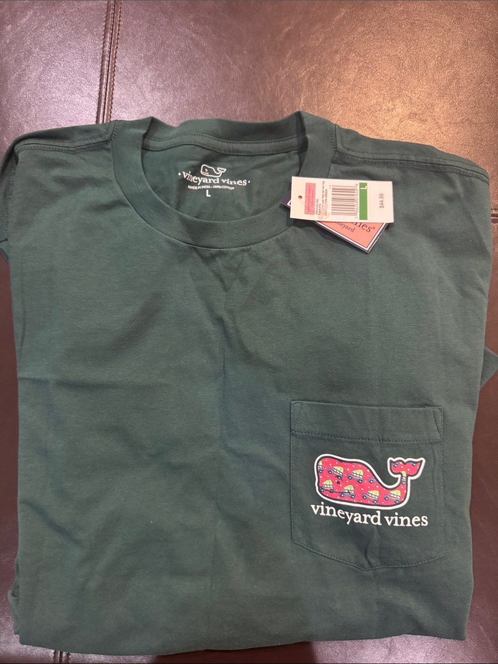 Vineyard Vines Long Sleeve Pocket Tee in Forest Green with Multicolor Whale sz L